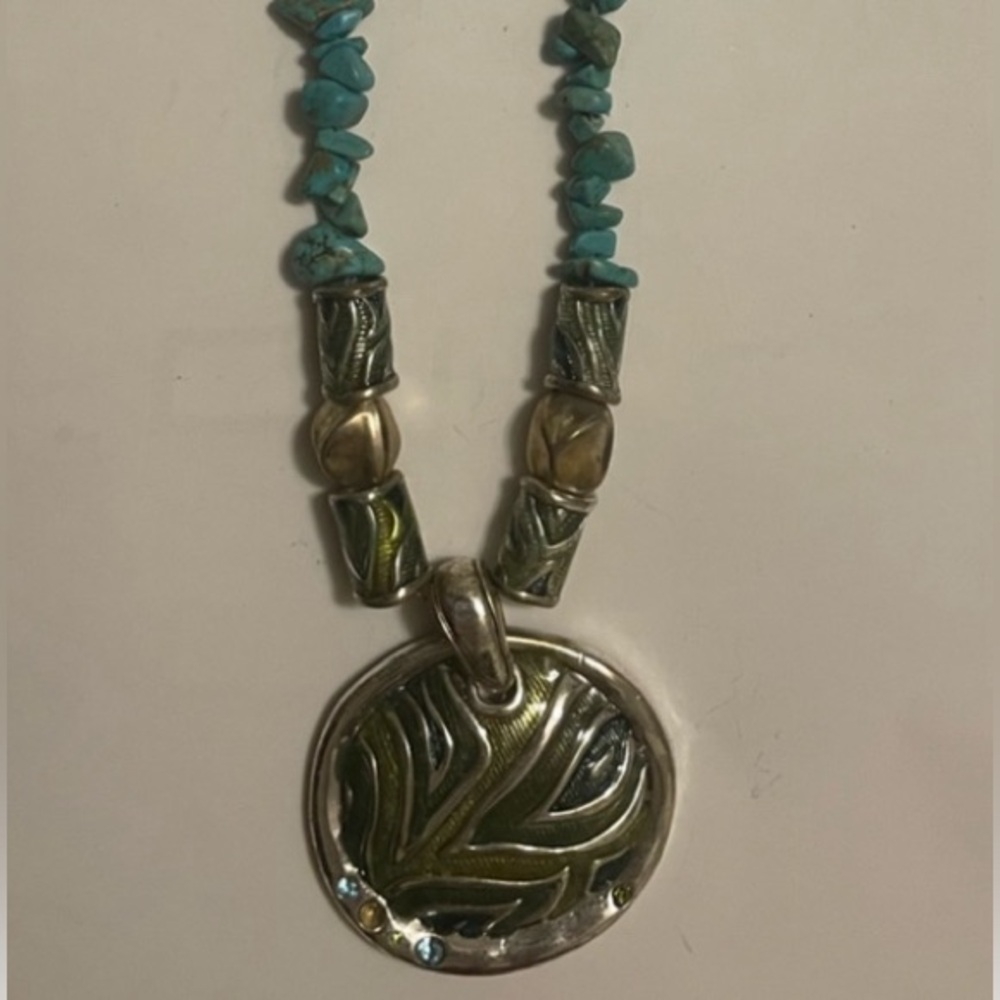 Turquoise beaded costume necklace with silver hand painted slide, 10” long